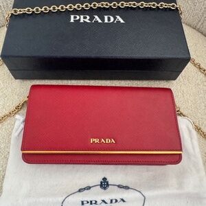 Prada Saffiano Leather Wallet on Chain Crossbody Bag - Red with Gold Chain